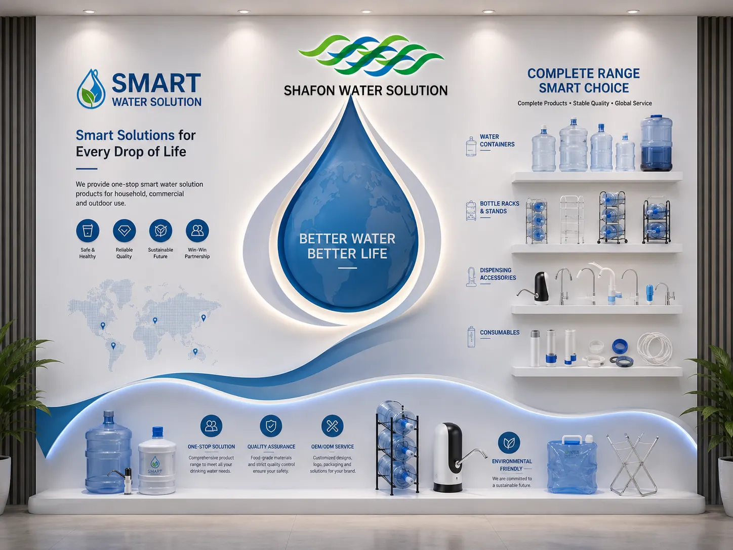 SHAFON Water Solution showroom displaying water containers, bottle racks and dispensing products